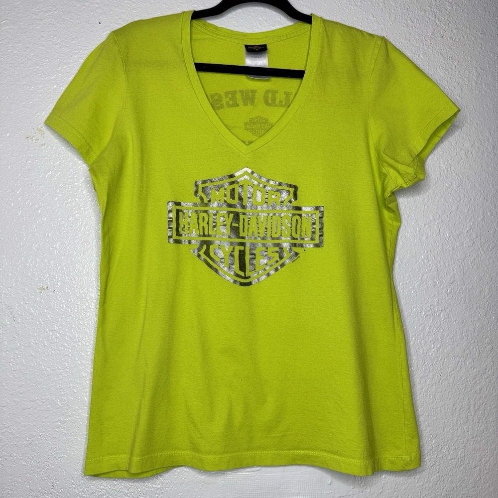 Women's XL Neon Green Harley Davidson T shirt Silver Graphic Biker Core Grunge